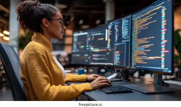 Focused Woman Programmer Working on Multiple Screens