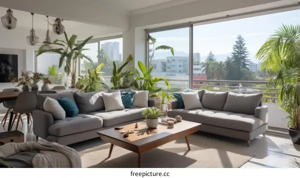 A bright and airy living room with a large windows and lots of plants
