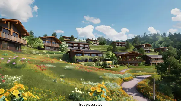 Wooden Houses on a Hillside with Flowers and a Winding Path
