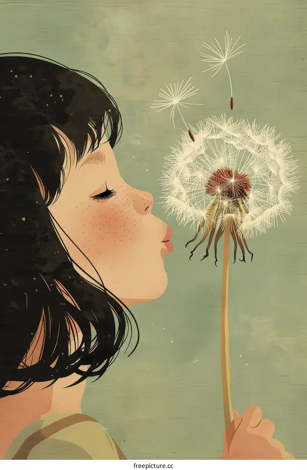 Girl Blowing Dandelion Flower Seeds