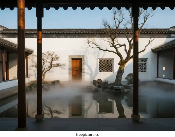 Traditional Chinese Courtyard with Pond and Bonsai Trees