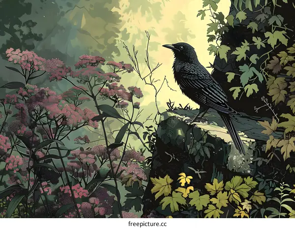 A digital painting of a crow perched on a branch in a forest