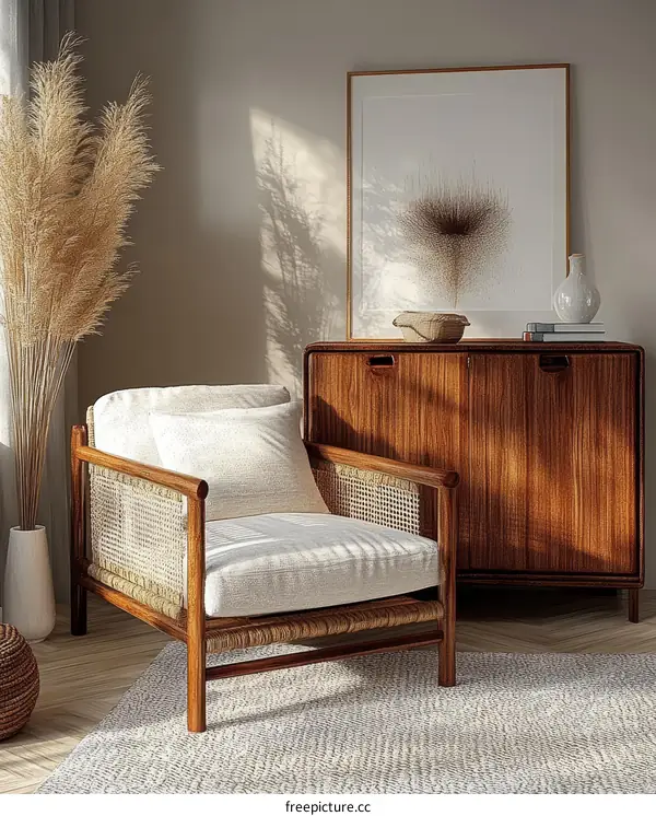 Modern Boho Living Room with Woven Chair