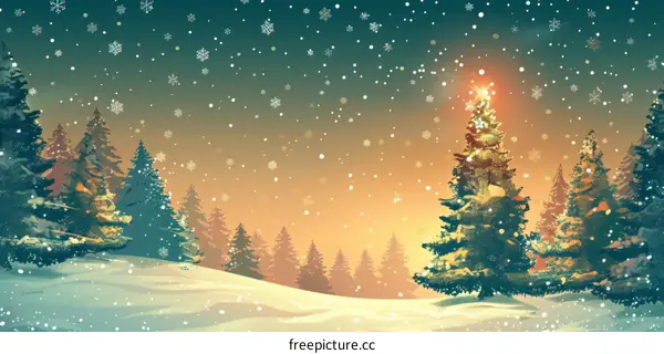 Snowy Winter Forest and Christmas Tree