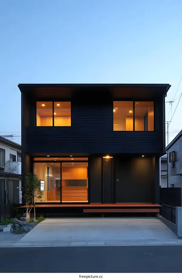 Modern Black House with Wooden Accents and Large Windows