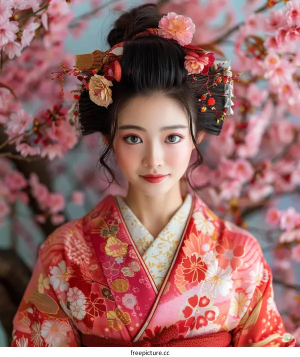 Portrait of a beautiful Japanese woman in traditional kimono with pink cherry blossoms