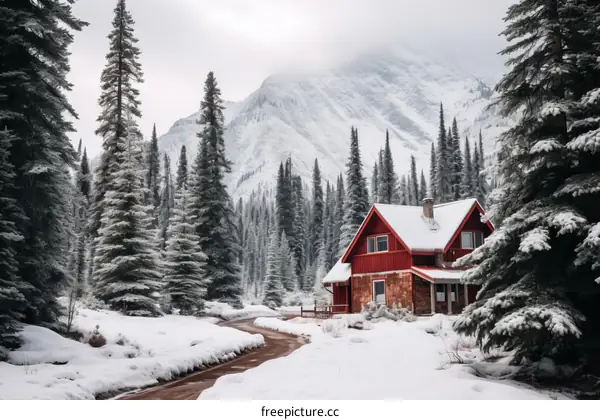 Snowy Cabin Getaway Nestled Amidst Majestic Winter Forest and Mountain Vista