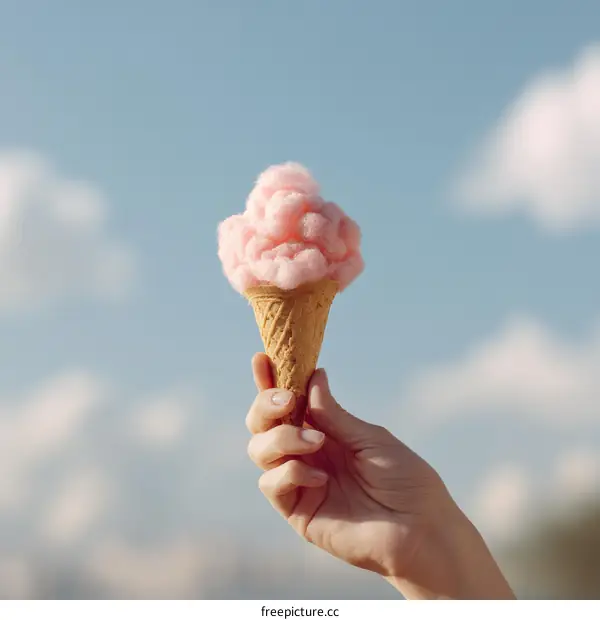 Pink Cotton Candy Ice Cream Cone Against a Blue Sky