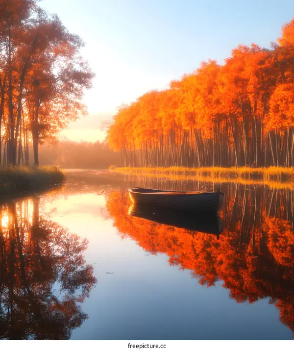 Autumn Landscape with a Boat on a Calm Lake