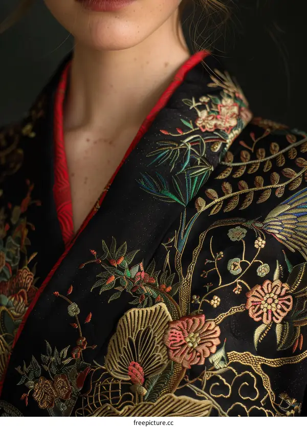 Close up of a woman wearing a black kimono with red and gold embroidery