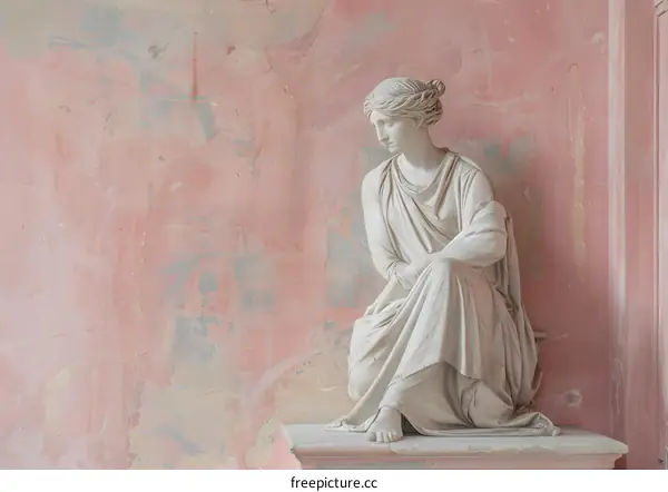 White Marble Statue of a Woman Sitting on a Stone Pedestal Against a Pink Wall