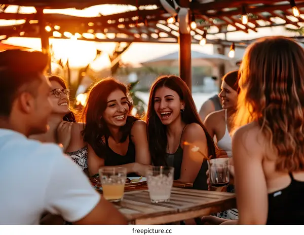 Group of Friends Laughing and Talking at a Table Outdoors During Sunset