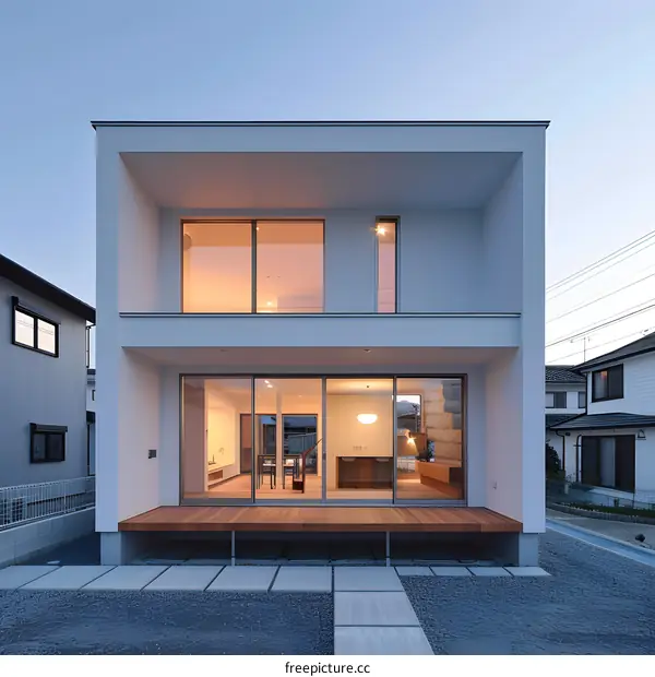 Modern Two Story White House with Wooden Deck and Large Windows