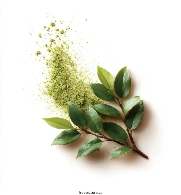 Green Matcha Powder and Fresh Leaves Composition