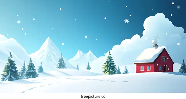 Snowy Winter Scene with Red Cabin