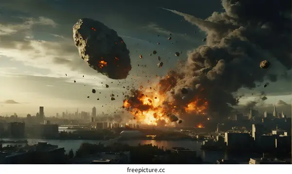 Meteorite Explosion Over Urban Area Causing Big Fireball