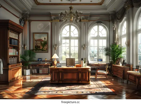 Luxurious home office interior with wooden desk and furniture