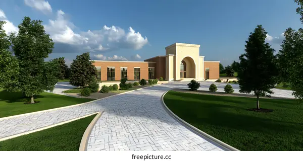 Brick Building With Stone Archway And Landscaping