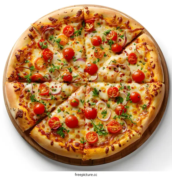 Pizza with cherry tomatoes, red onion and parsley