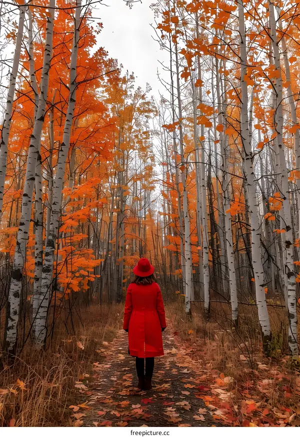 Woman in Red Coat Walking Through Autumn Forest