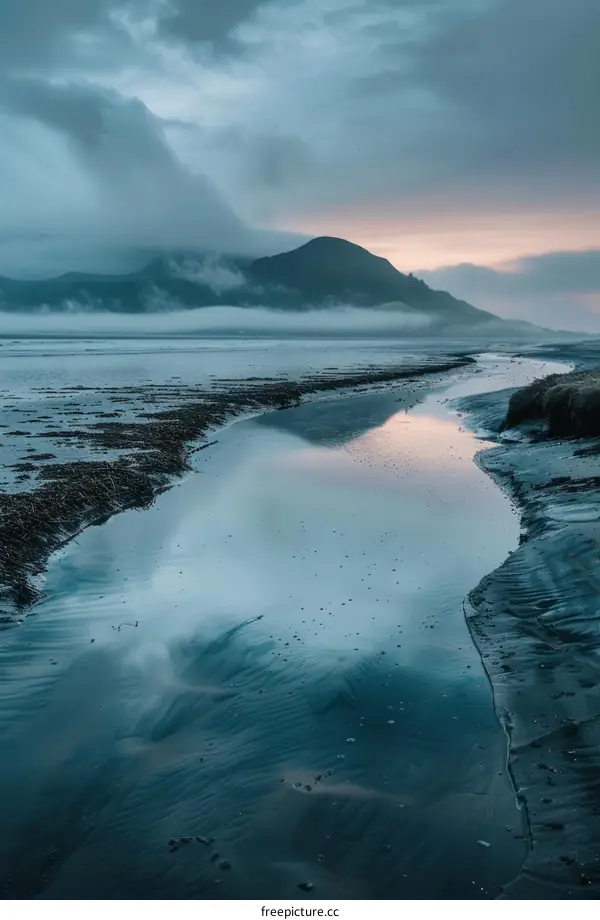 A beautiful landscape of a beach with a mountain in the distance