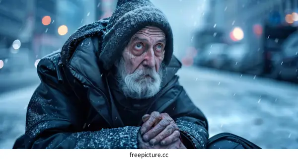 An old man is sitting on the sidewalk in the snow.