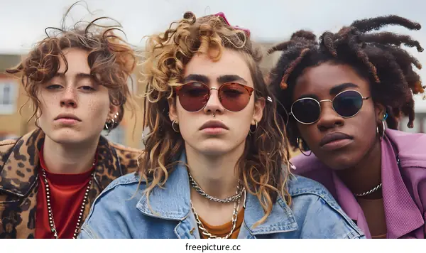 Three Friends Posing Together In The Street With Sunglasses