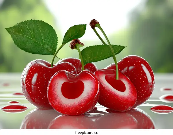 Close-up of Fresh Cherries and Slices