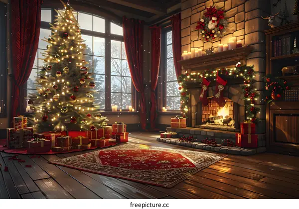 Christmas Tree by the Fireplace