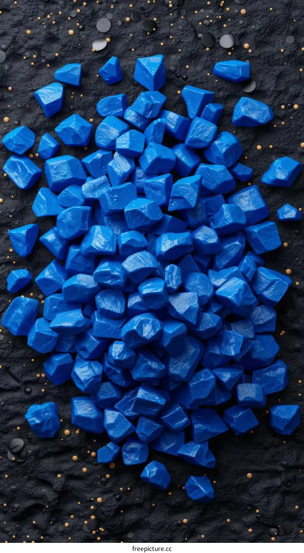 Blue stones scattered on the black ground