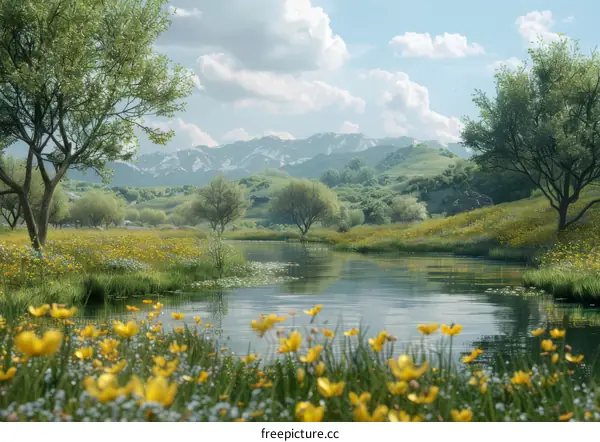 Tranquil Stream Flowing Through Grassy Meadow on a Bright Day