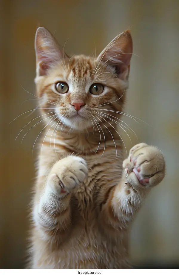 A Cute Ginger Kitten with Oversized Paws and a Pristine White Belly