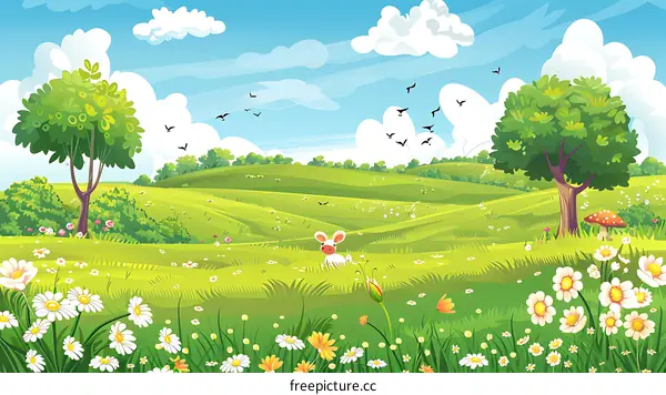 Cartoon Spring Landscape with Flowers and White Bunny