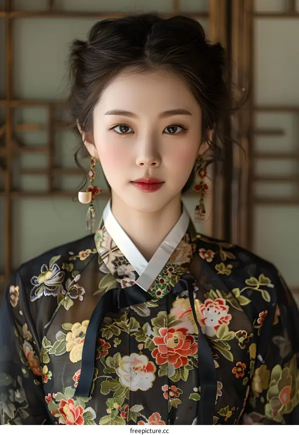 Portrait of a young Korean woman in traditional Korean dress