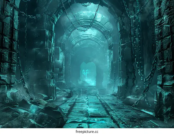 Gloomy Dungeon Corridor with Chains and Distant Glowing Exit
