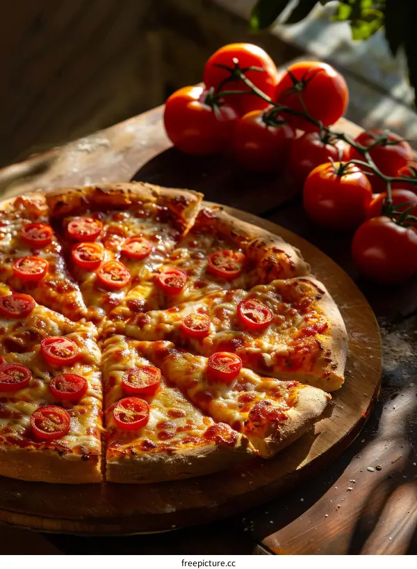 half pizza with tomatoes on a wooden table