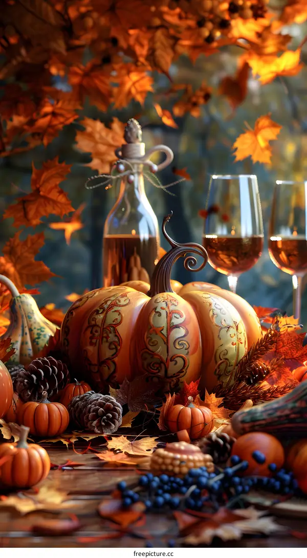 Still life with pumpkins and wine in autumn