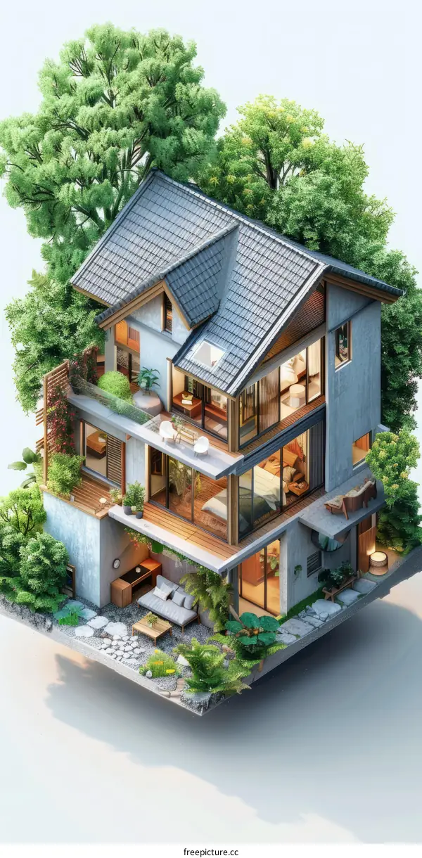 A modern two-story house with a garden