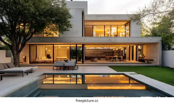 Modern Concrete House with Swimming Pool and Patio