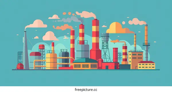 Factory with Smokestacks and Clouds Illustration