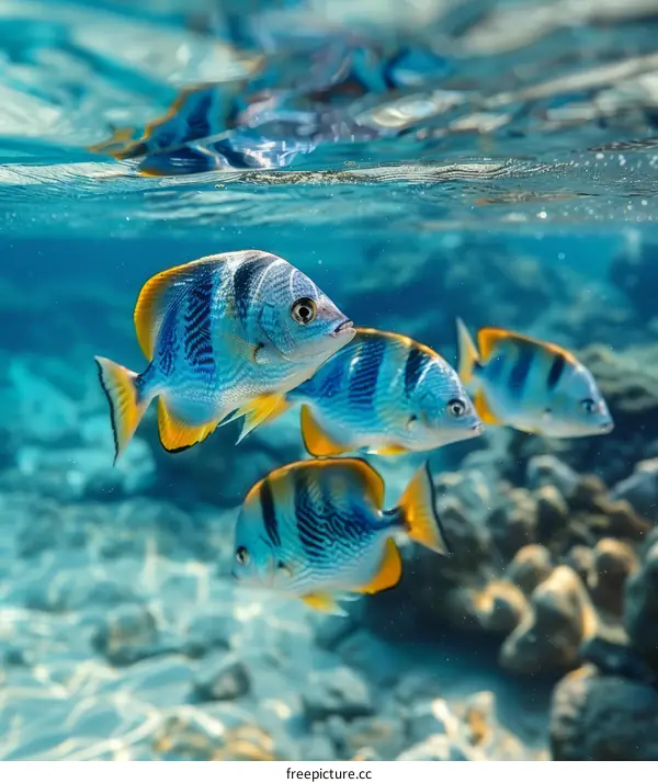 Four Striped Sergeant Fish Swimming in the Ocean