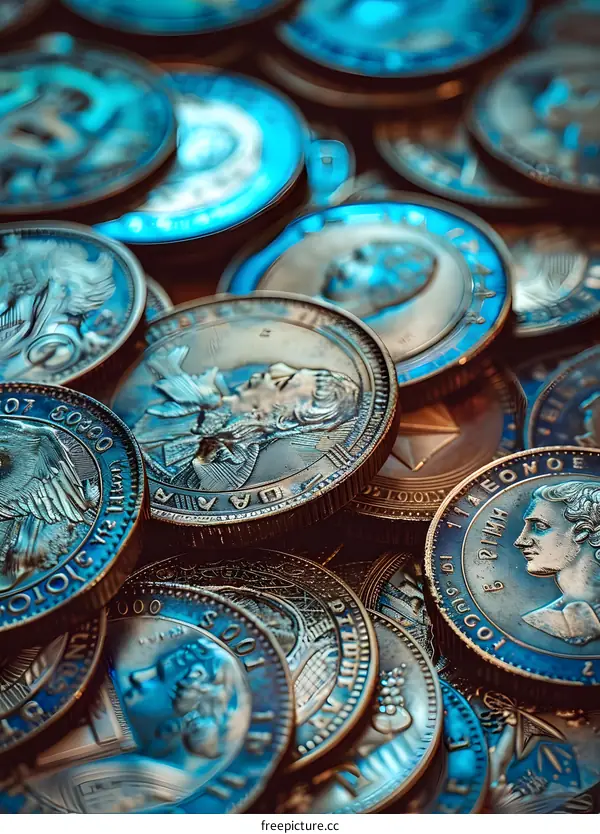 A pile of silver and gold coins with portraits of famous people.