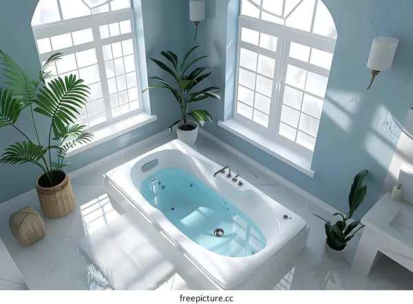 A modern bathroom with a white bathtub and green plants