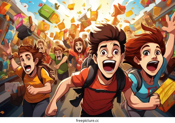 A group of excited young people are running in a shopping mall.