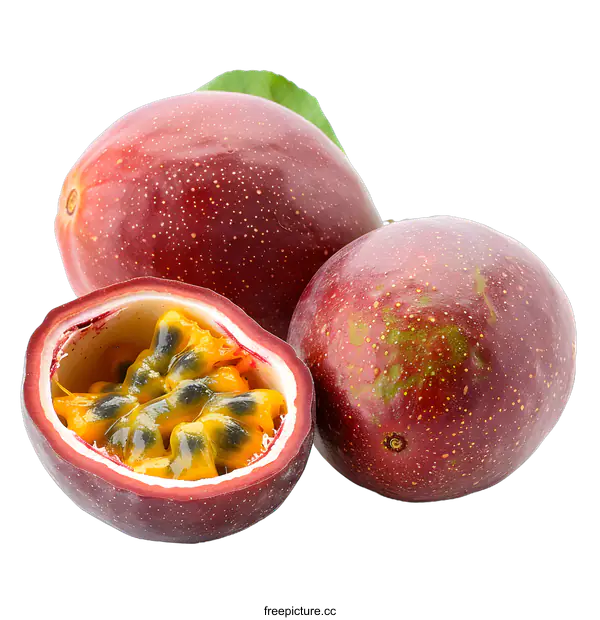 [Transparent Background PNG]Fresh passion fruit with green leaves
