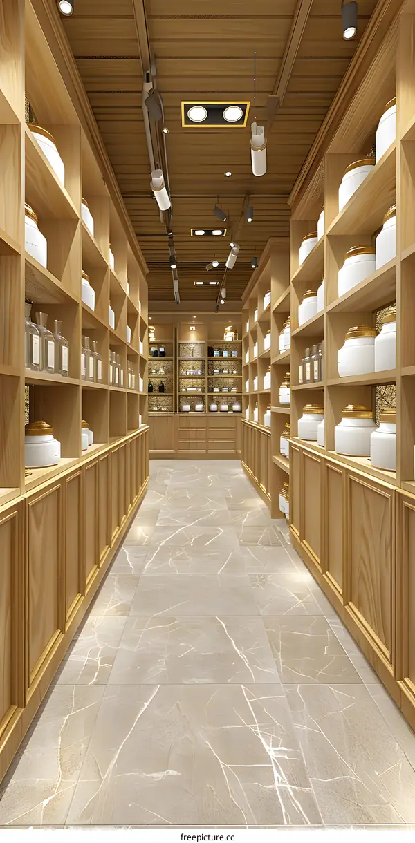 Interior Design of a Shop with Wooden Shelves and White Jars