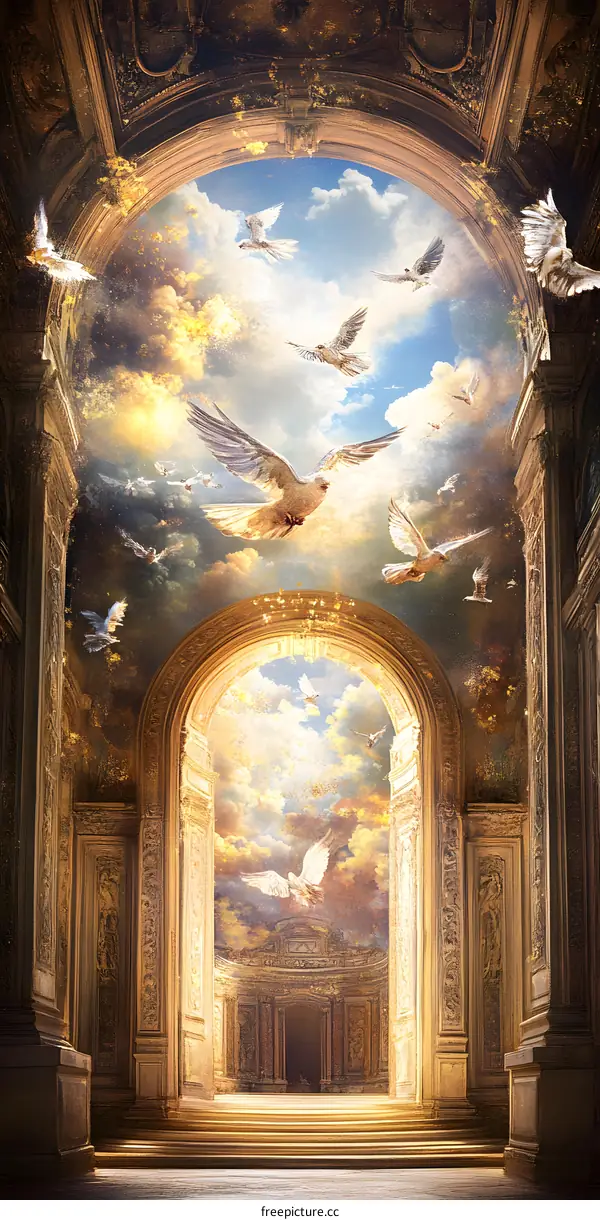 Golden Hallway with Doves and Sky