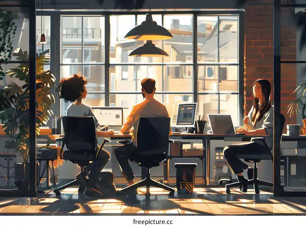 Team of Three Working in Modern Office with City View