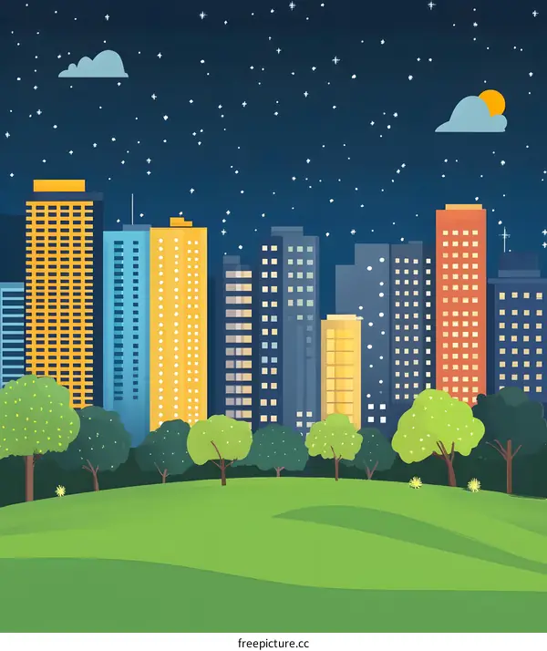 Night Cityscape with Skyscrapers and Stars