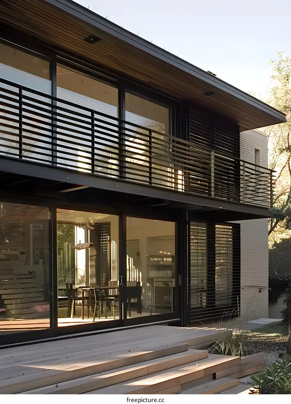 Modern Home Exterior With Balcony And Patio